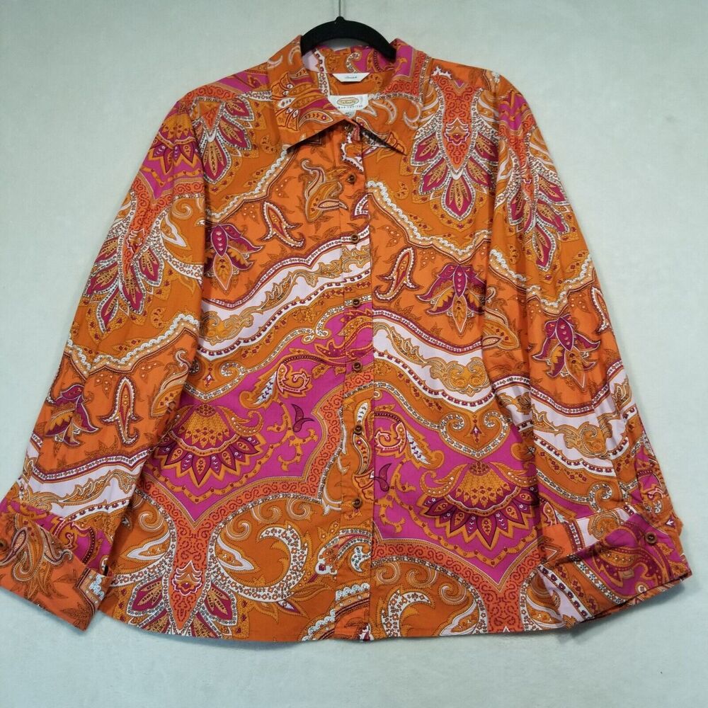 Talbots 2XP Petite Top Orange Pink Paisley Button Front Stretch Bohemian Classic
